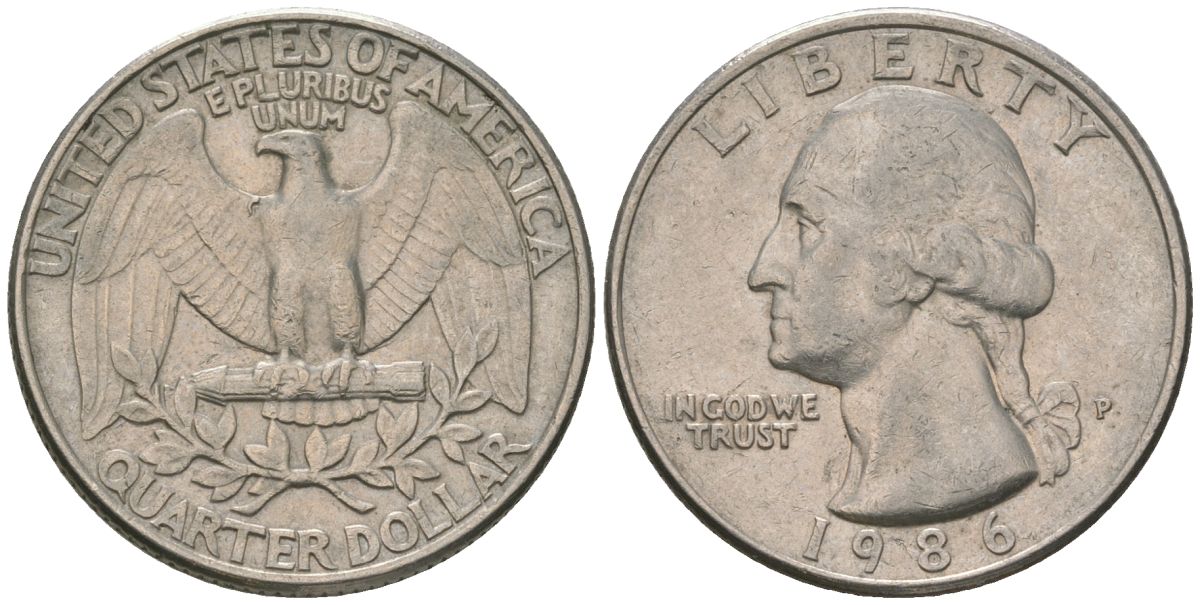 США 25 центов = квотер 1986 P, Вашингтон KM 164a медь плакированная медно-никелем 4595-1127