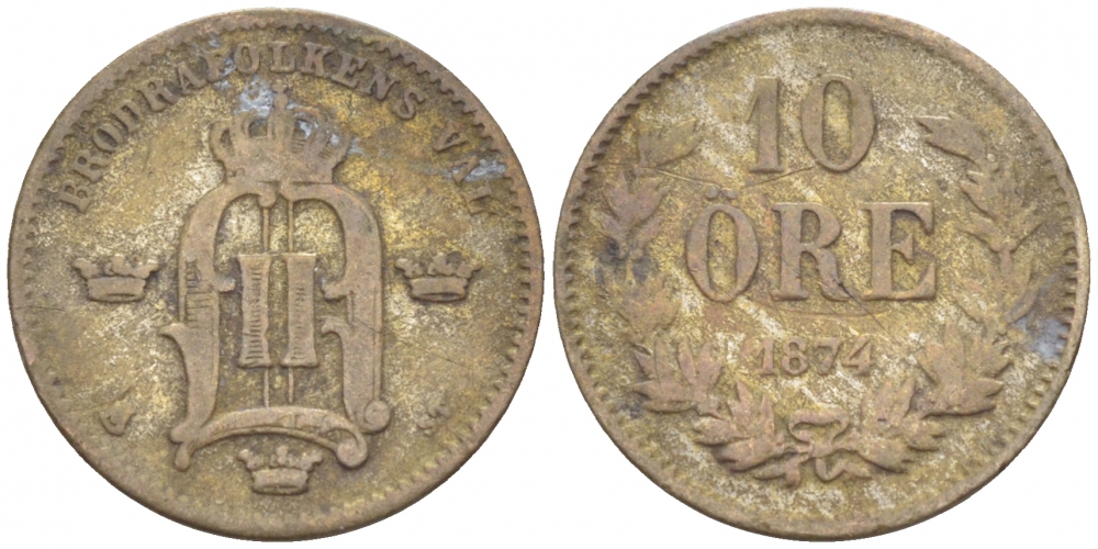 Швеция 10 эре 1874 ST, Оскар II (1872-1907) король Швеции и Норвегии KM 7937 (517) серебро 3309-834
