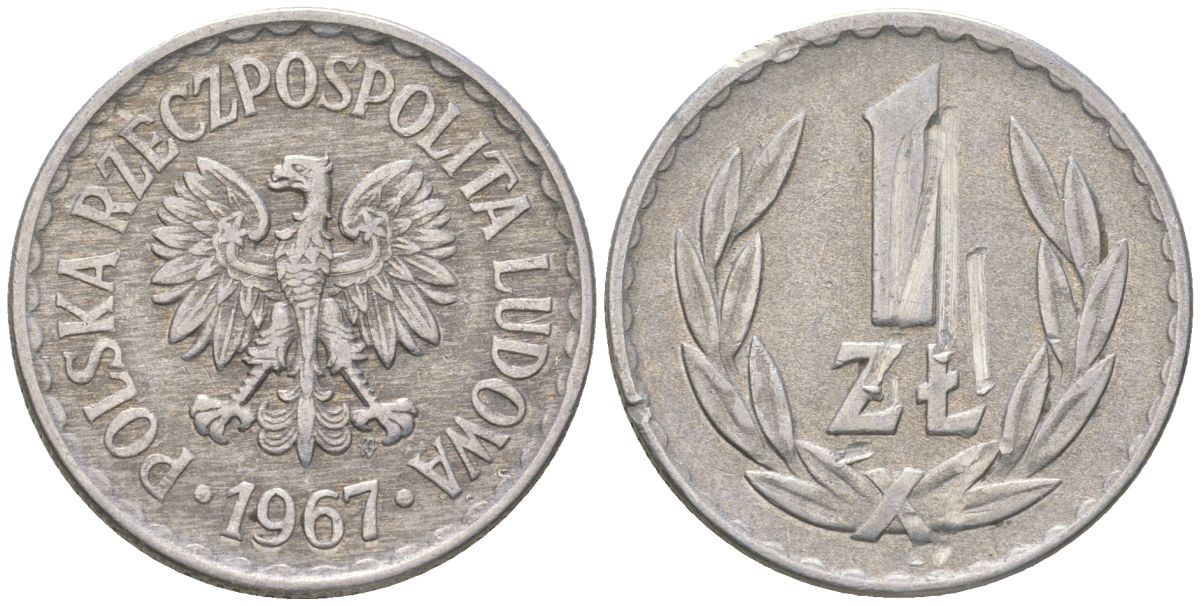 Польша 1 злотый 1967 MW, самый редкий год выпуска - 1002000 Y 49.1 алюминий 4616-747
