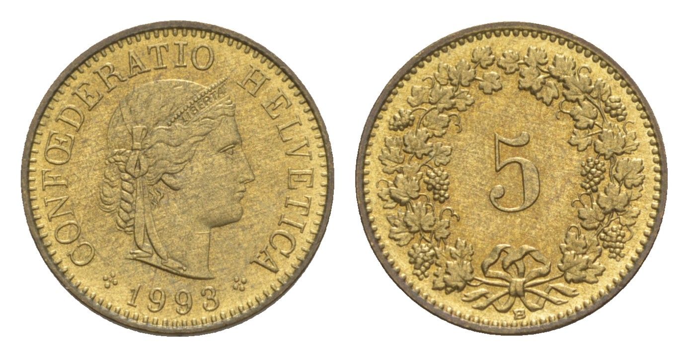 Швейцария 5 раппенов 1993 B KM 26c алюминиевая бронза 4609-365