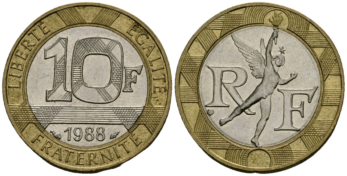 Франция 10 франков 1988 тип гений Бастилии KM 964.1, Le Franc 375.2 биметалл 4135-532