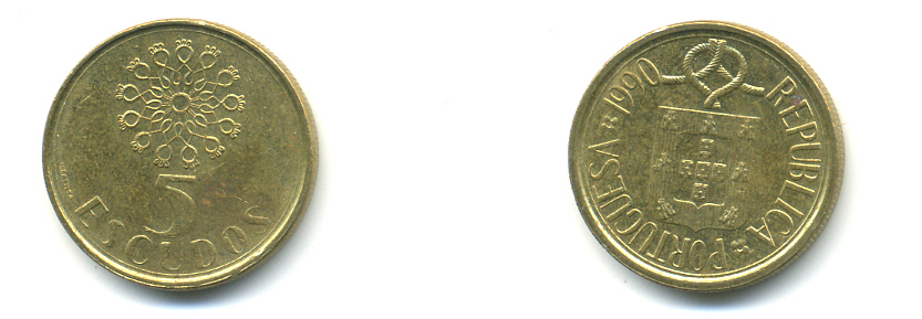 ПОРТУГАЛИЯ 5 ЭСКУДО 1990 KM 632 никель латунь 176-555