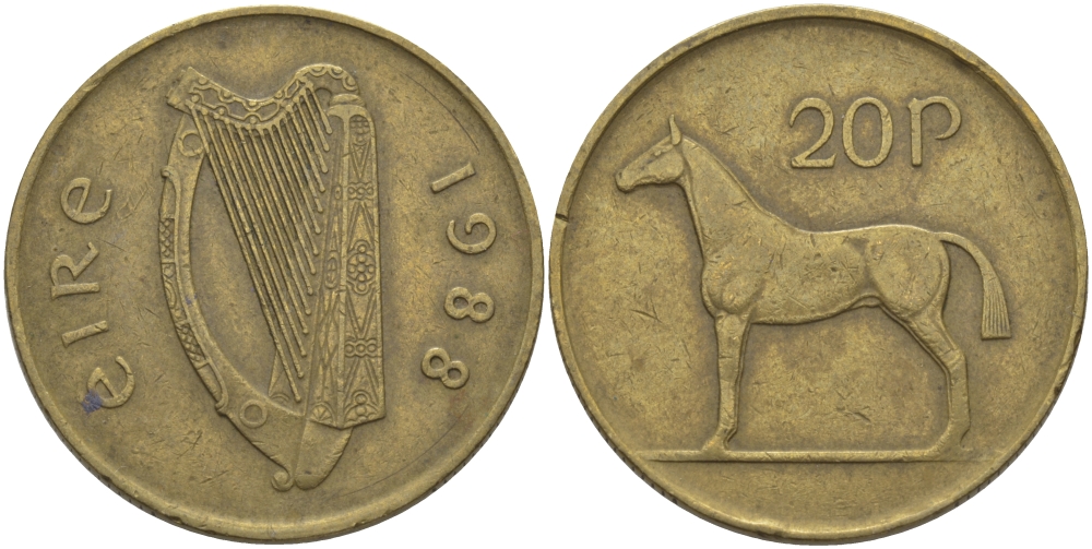 ИРЛАНДИЯ 20 ПЕНСОВ 1988 ЛОШАДЬ KM 25 никель бронза 97-1011
