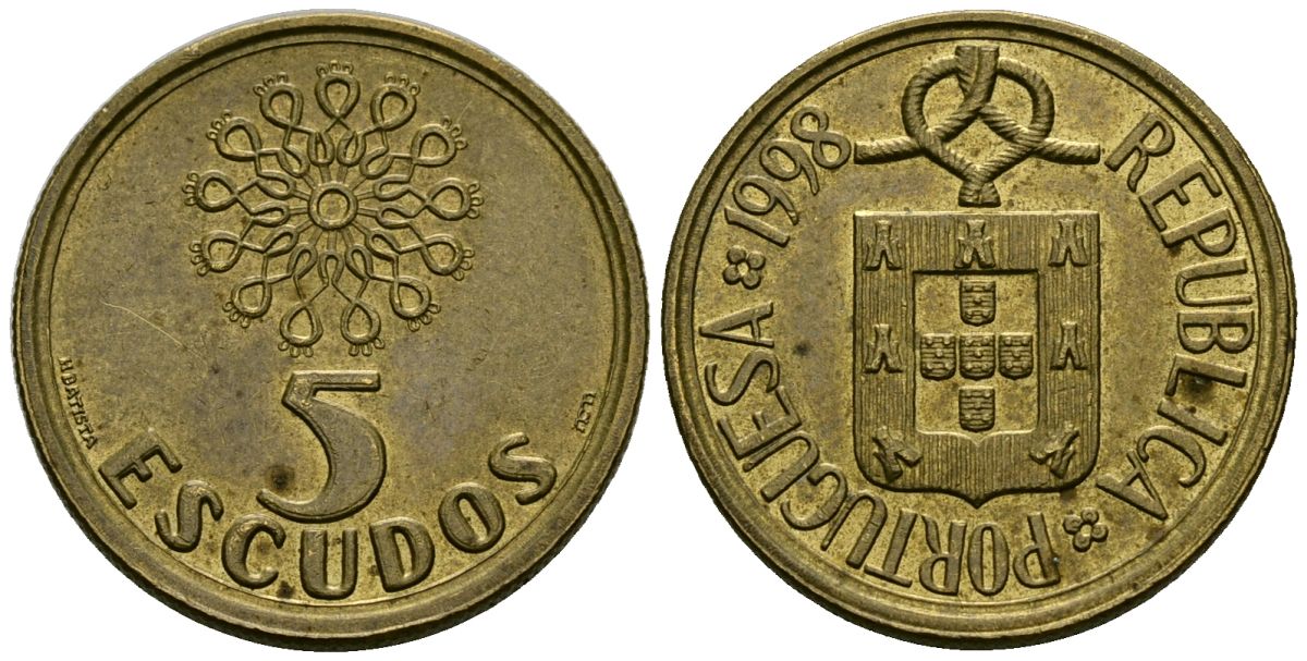 Португалия 5 эскудо 1998 KM 632 никелевая латунь 4176-1235