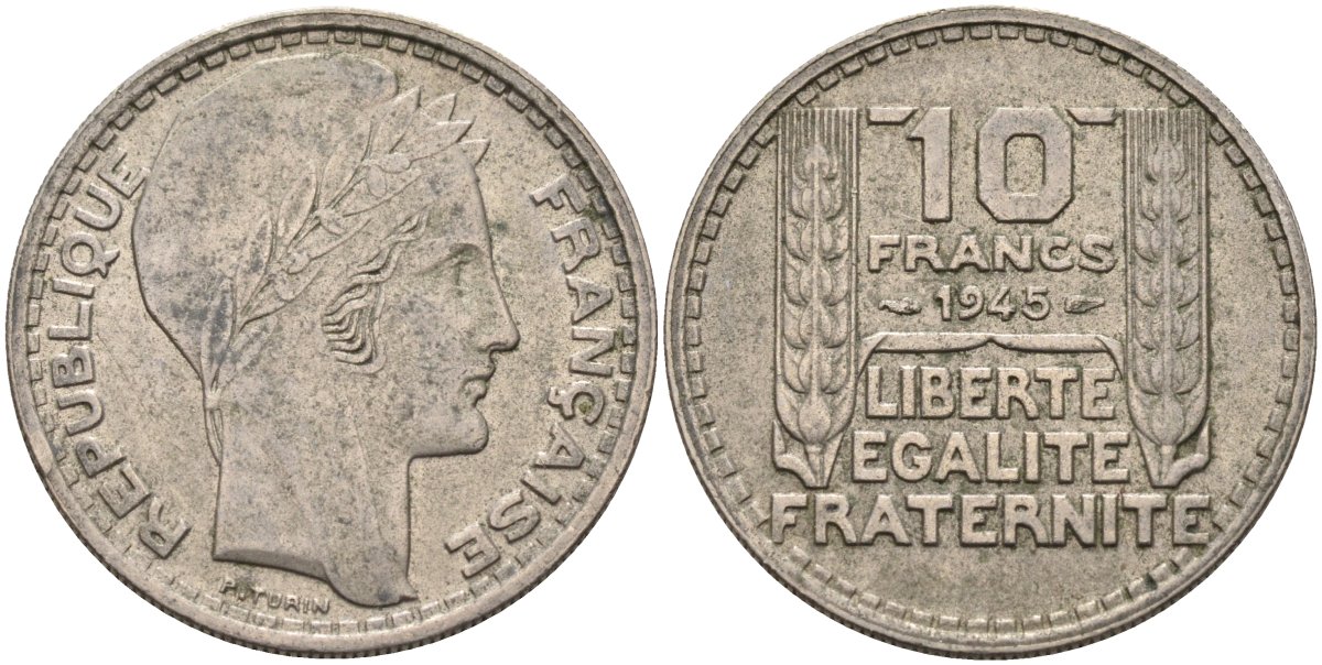 Франция 10 франков 1945 RL, тип Пьер Турин KM 908.1, Le Franc 361.2 медно-никель 4590-734