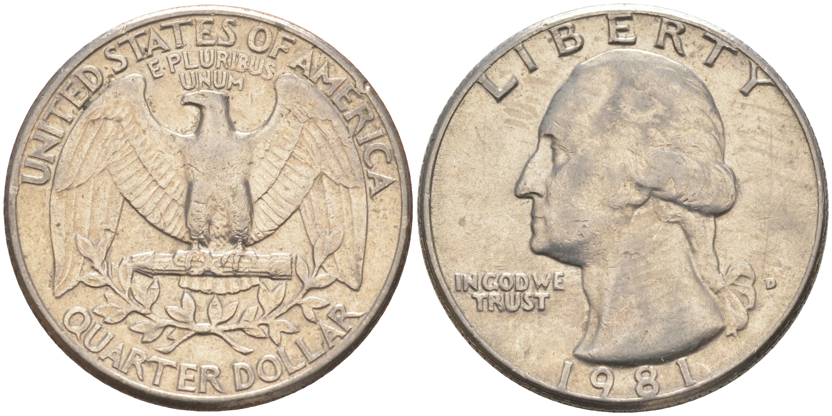 США 25 ЦЕНТОВ = КВОТЕР 1981 D, ВАШИНГТОН KM A164a медь плакированная медно-никелем 4114-825