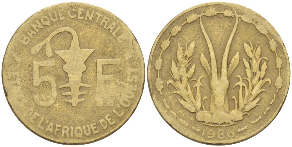 ВАЛЮТНЫЙ СОЮЗ СТРАН ЗАПАДНОЙ АФРИКИ 5 ФРАНКОВ 1986 KM 2а алюминиевая бронза 4551-845