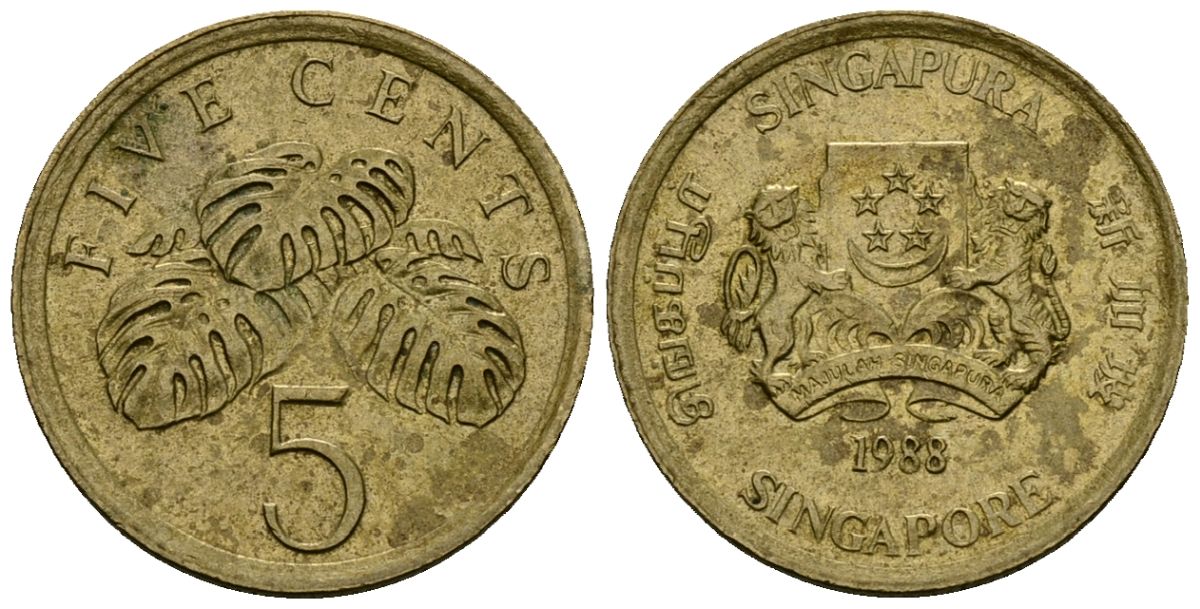 Сингапур 5 центов 1988 KM 50 алюминиевая бронза 4173-1215
