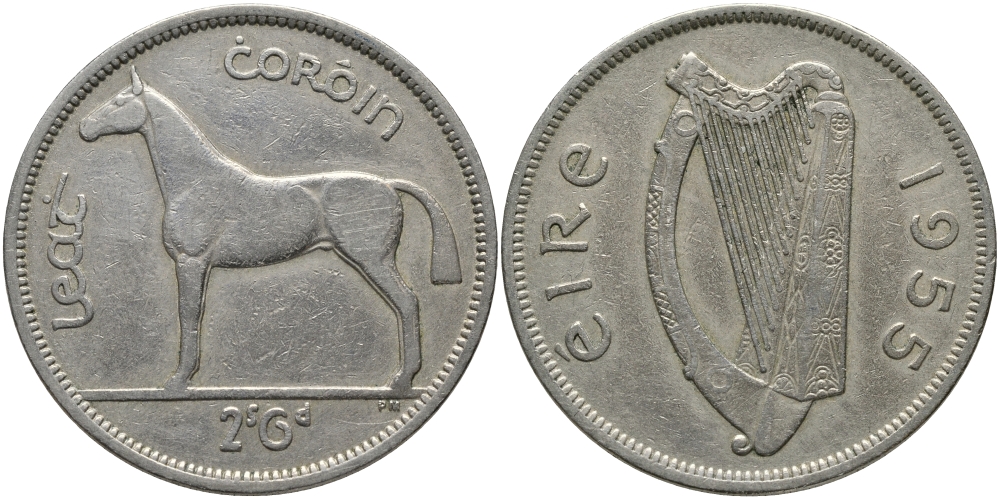 ИРЛАНДИЯ 1/2 КРОНЫ - 2 ШИЛЛИНГА 6 ПЕНСОВ 1955 ЛОШАДЬ KM 16а медно-никель 3457-244