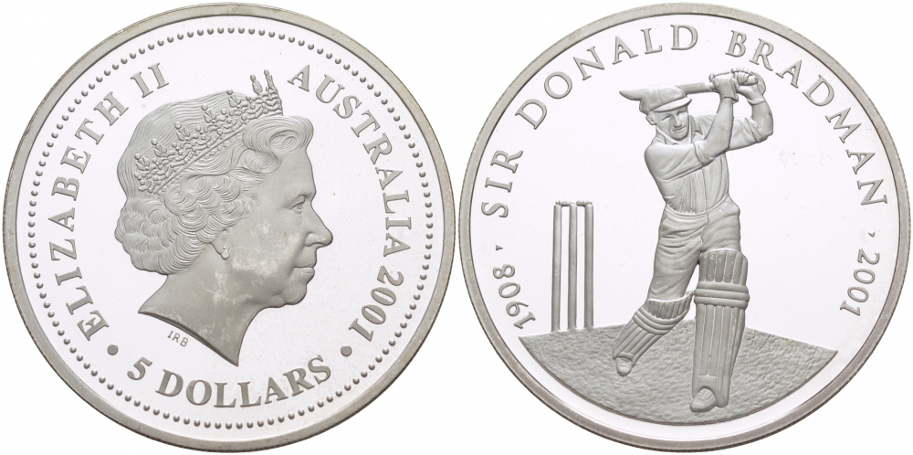 Австралия 5 долларов 2001 крикет, сэр Дональд Брэдман KM 761 серебро PROOF 11-168-41