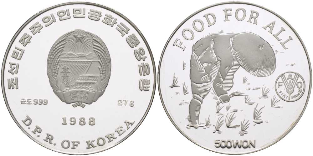 КНДР (Северная Корея) 500 вонов 1988 FAO, крестьянин собирает рис, тираж 2000 экземпляров KM 36  серебро  PROOF  02-109-34