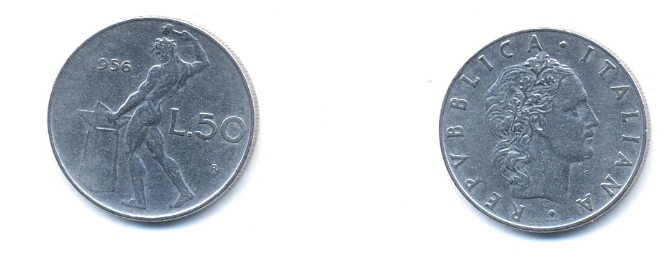 Италия 50 лир 1956 R, бог огня Вулкан у наковальни KM 95.1 нержавеющая сталь 54-1312