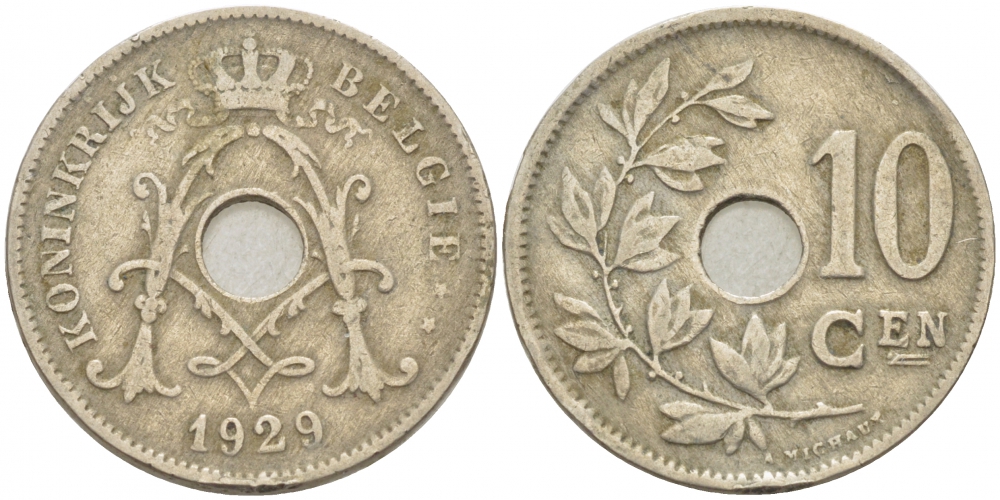 БЕЛЬГИЯ 10 САНТИМОВ 1929 BELGIE KM 86 медно-никель 3718-541