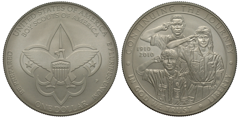 США 1 доллар 2010 P, 100 лет бойскаутам KM 480 серебро UNC 02-262-25
