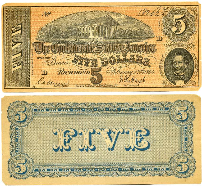 КОНФЕДЕРАТИВНЫЕ ШТАТЫ АМЕРИКИ 5 ДОЛЛАРОВ 1864 ШТАТ РИЧМОНД, КОПИЯ, ЭМИТАЦИЯ бумага 7523-24-3