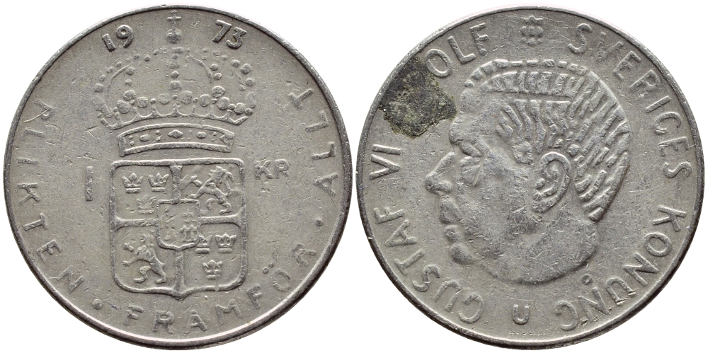 Швеция 1 крона 1973 Густав VI Адольф (1950-1973) KM 826а медь плакированная медно-никелем 4395-1153