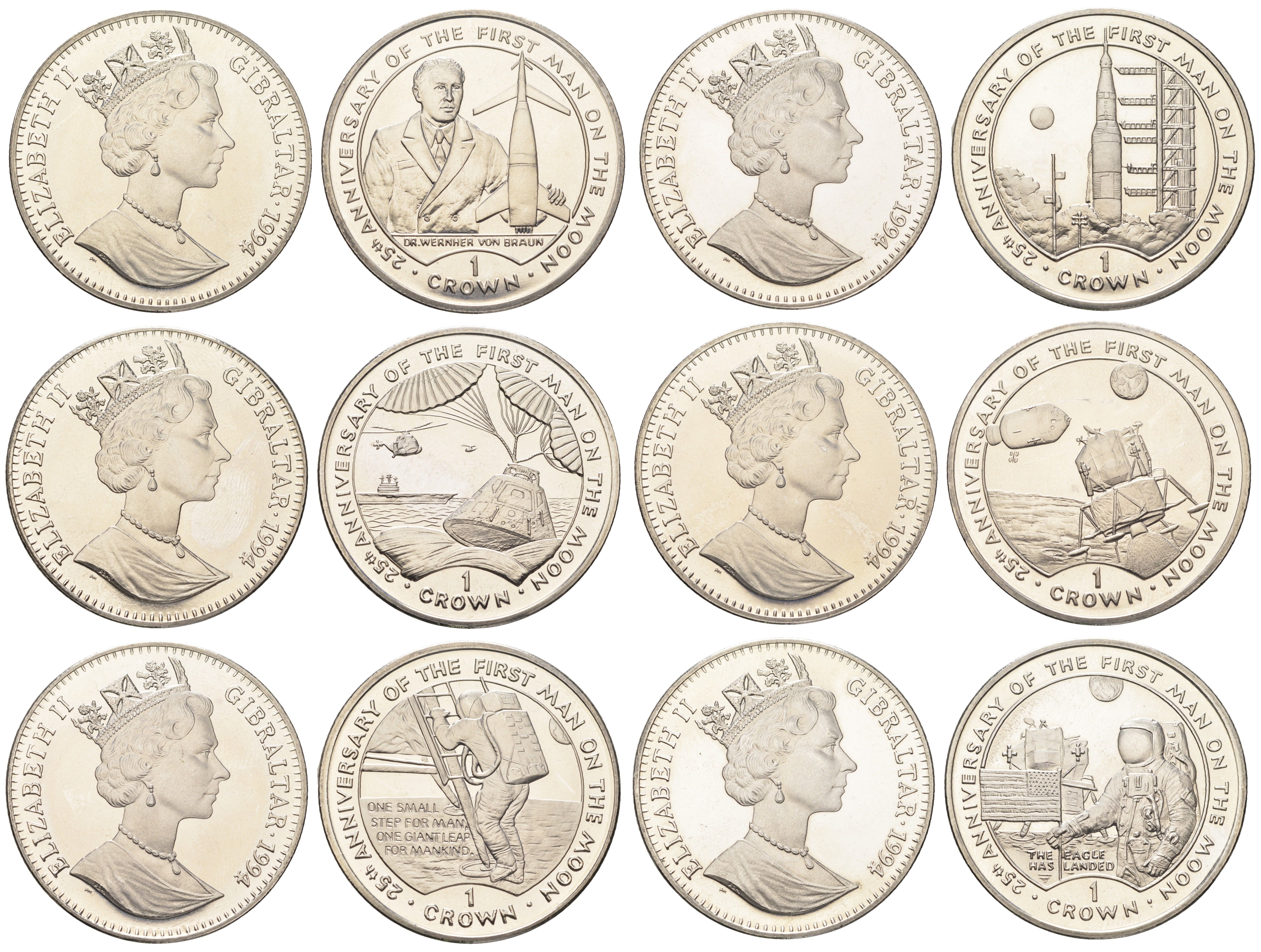 Гибралтар полный набор из 6 монет (1 крона) 1994 25 лет первому человеку на Луне KM 271, 272, 273, 274, 275 и 276 медно-никель BU 1524-1825-1835