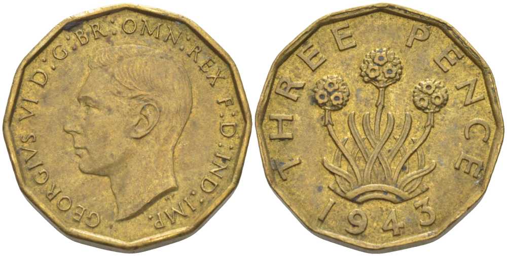 Великобритания 3 пенса 1943 Георг VI (1936-1952) KM 849, Spink 4112 никель латунь 175-616