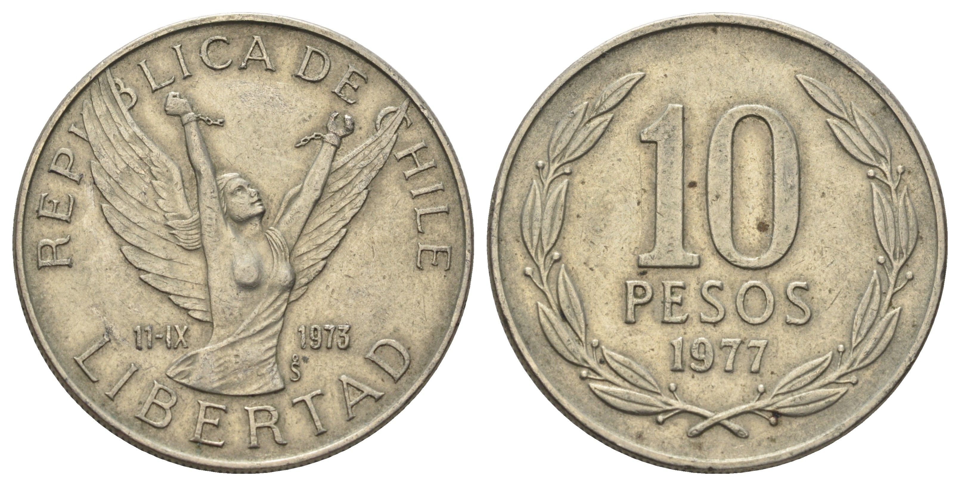 Чили 10 песо 1977 KM 210 медно-никель 4688-344