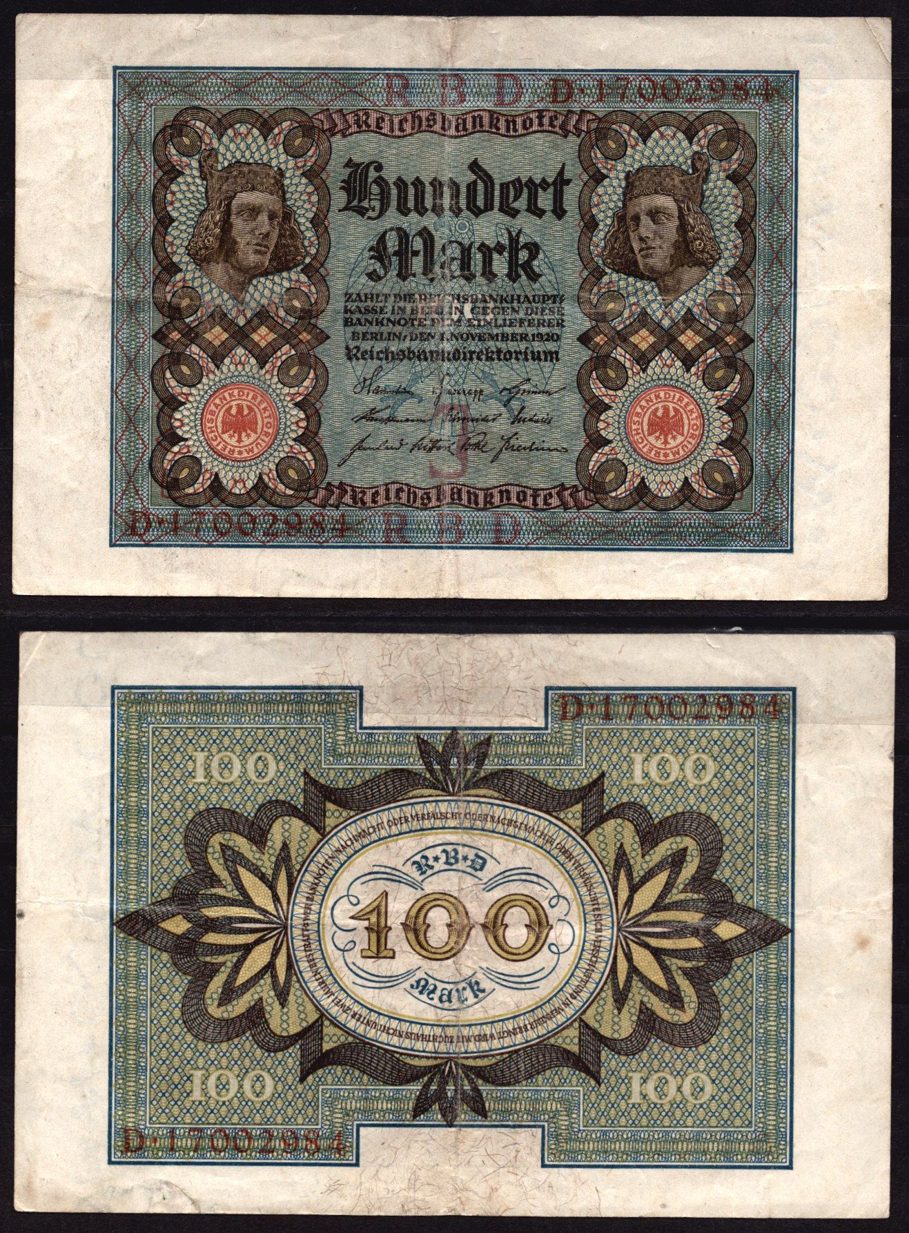 Германия 100 марок 1933 Веймар,8 цифр в номере, J, «Бамбергский всадник» из оперы «Купол Бамберга». Pick 69 b бумага 6289-27-2-2