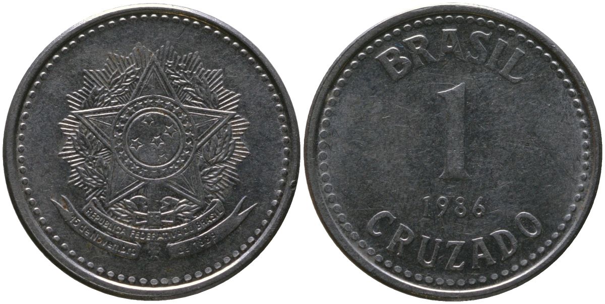 Бразилия 1 крузадо 1986 KM 605, Schon 114 нержавеющая сталь 4577-1153
