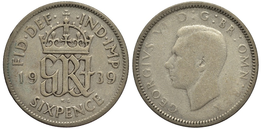 Великобритания 6 пенсов 1939 Георг VI (1936-1952) KM 852, Spink 4084 серебро 4538-435