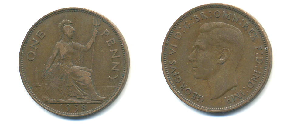 Великобритания 1 пенни 1938 Георг VI (1936-1952) KM 845, Spink 4114 бронза 89-141