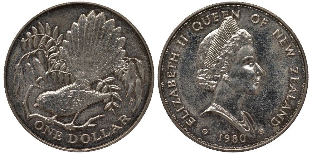 Новая Зеландия 1 доллар 1980 веерохвостка на ветке, Елизавета II (1952-2022) KM 49 медно-никель 4537-133