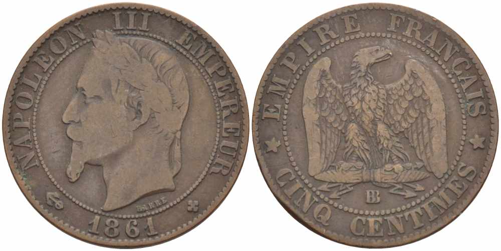 ФРАНЦИЯ 5 САНТИМОВ 1861 BB, НАПОЛЕОН III (1852-1870) KM 797.2, LE FRANC 117.3 бронза 108-454