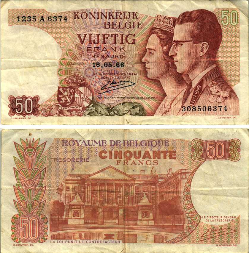 БЕЛЬГИЯ 50 ФРАНКОВ 1966 16 МАЯ 1966, ПОДПИСЬ 20, КОРОЛЬ БОДУЭН И КОРОЛЕВА ФАБИОЛА Pick 139 бумага 7486-44-3-2