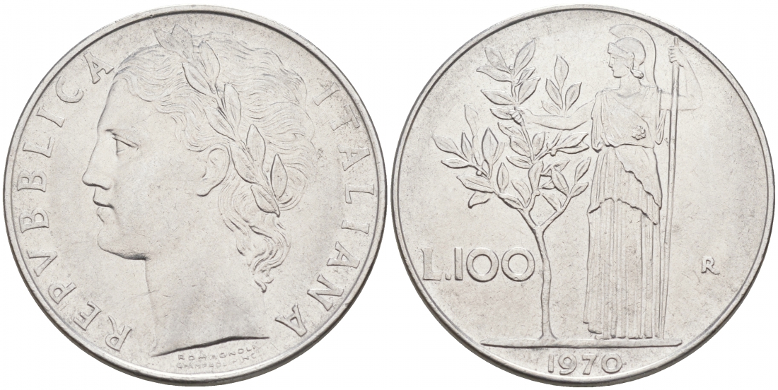 ИТАЛИЯ 100 ЛИР 1970 R АФИНА KM 96.1 сталь 3855-811