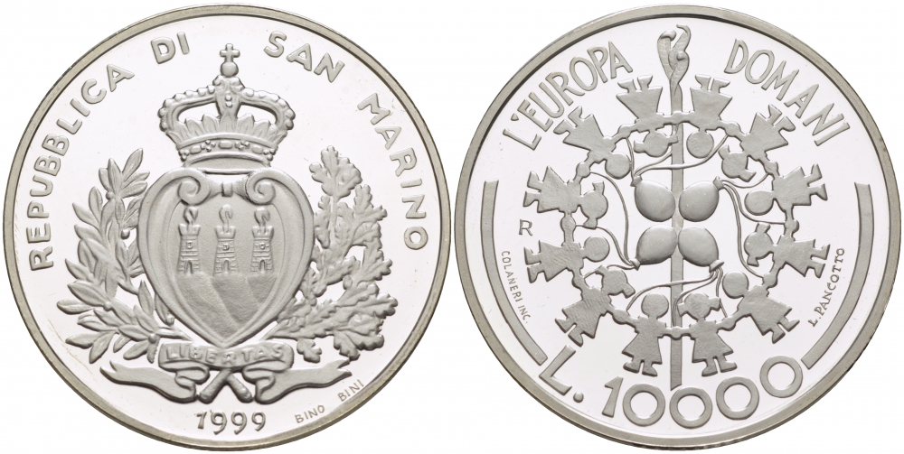 Сан-Марино 10000 лир 1999 Европейский союз, дети с воздушными шарами KM 411 серебро PROOF 00-000-00
