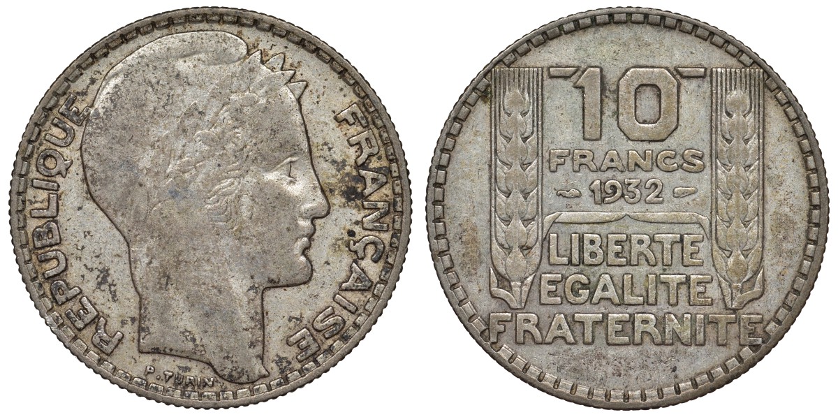 Франция 10 франков 1932 Пьер Тюрен KM 878, Le Franc 360.5 серебро 4123-542