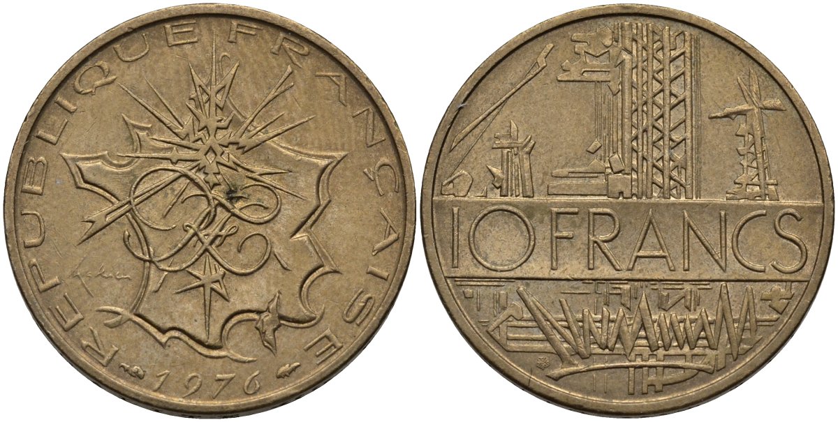 Франция 10 франков 1976 тип Матье KM 940, Le Franc 365.7-8 никель латунь 4116-1137