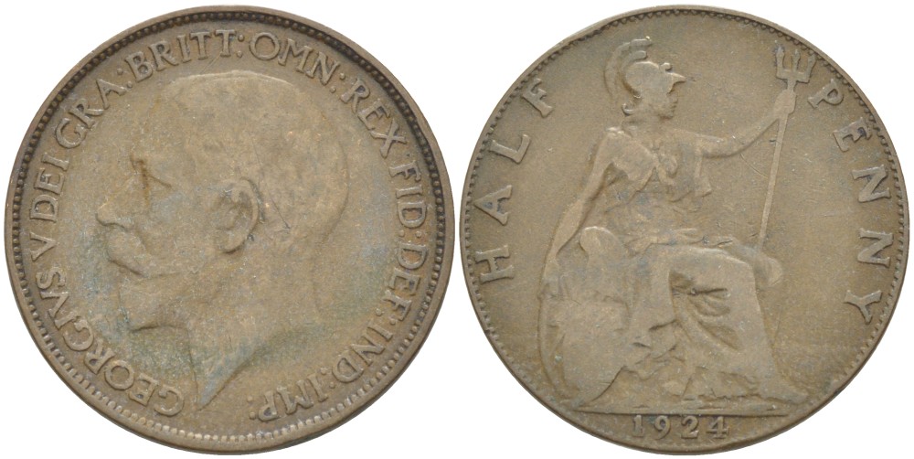 Великобритания 1/2 пенни 1924 Георг V (1910-1936) KM 809, Spink 4056 бронза 4519-1231