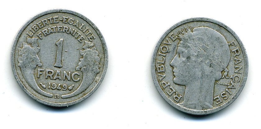 ФРАНЦИЯ 1 ФРАНК 1949 В, ТИП MORLON, LEGERE KM 885a 2, LE FRANC 221.16 алюминий 84-514