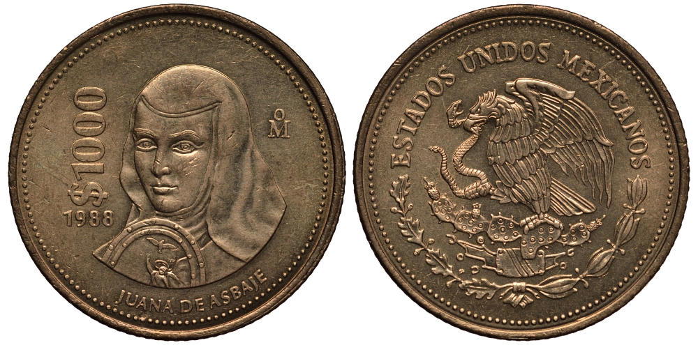 Мексика 1000 песо 1989 Мо, Хуана де Асбахе KM 536 алюминиевая бронза XF-UNC 118-832