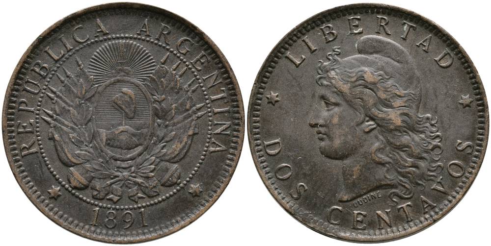 Аргентина 2 сентаво 1891 голова свободы влево KM 8 бронза 4531-1112