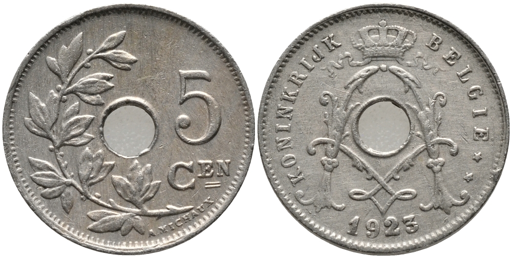 БЕЛЬГИЯ 5 САНТИМОВ 1923 BELGIE KM 67 медно-никель 76-127