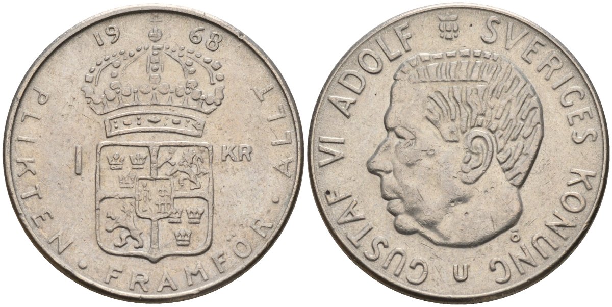 Швеция 1 крона 1968 U, Густав VI Адольф (1950-1973) KM 826 серебро 4150-242