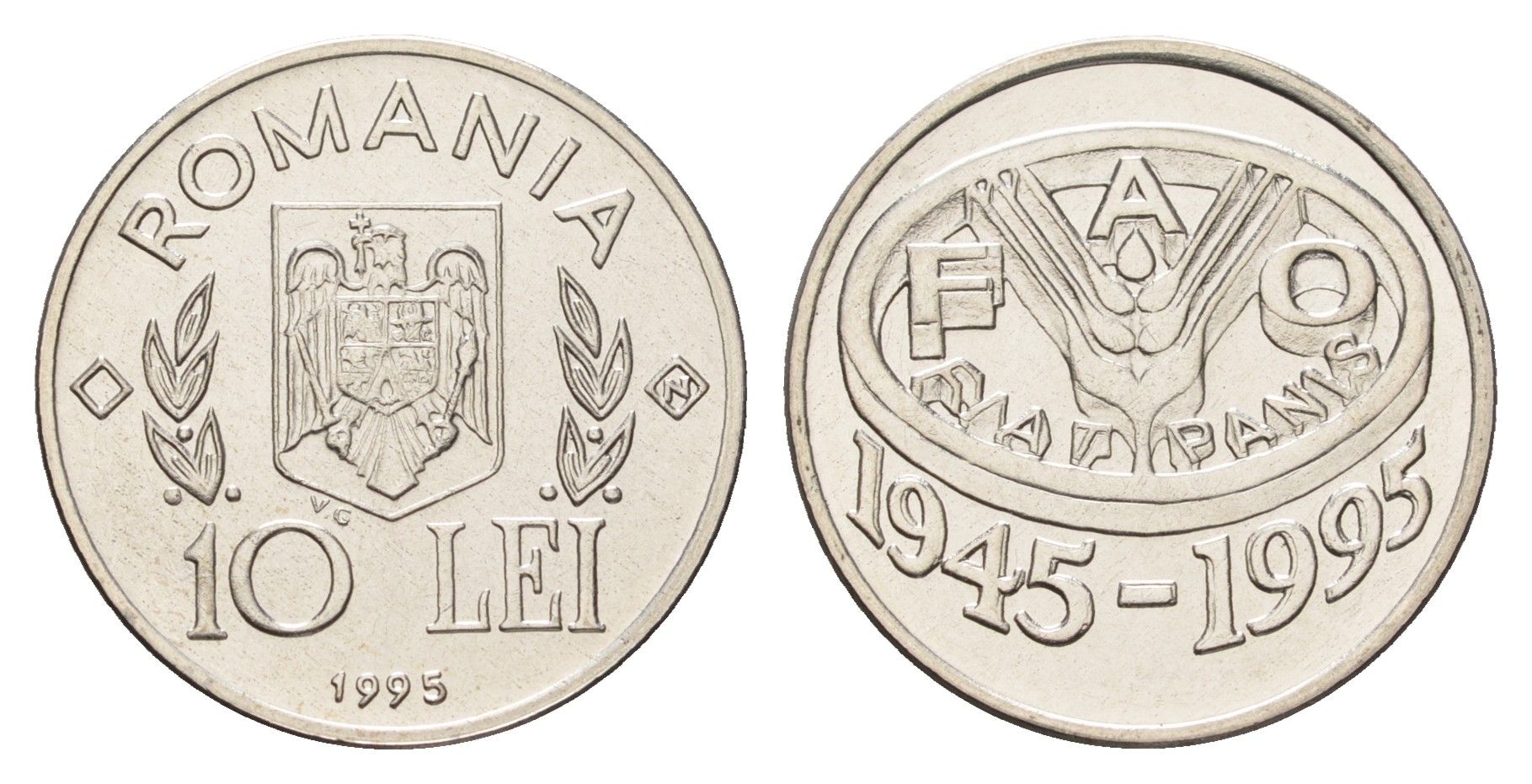 Румыния 10 леев 1995 N, 50 лет продовольственной программе - ФАО KM 117 сталь плакировнная никелем BU 11-264-21