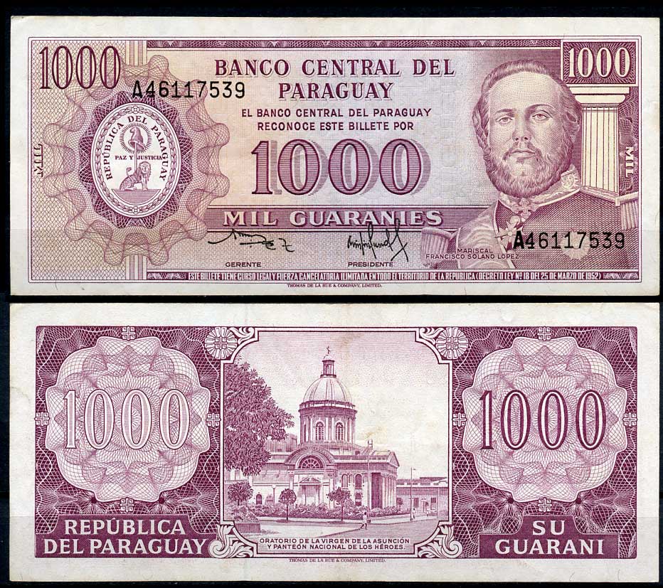 Парагвай 1000 гуарани 1952 (1982) Франсиско Солано Лопес, Национальный пантеон героев, подписи Rodriguez, Sandoval Pick 207 (3)  бумага 7217-59-2-2