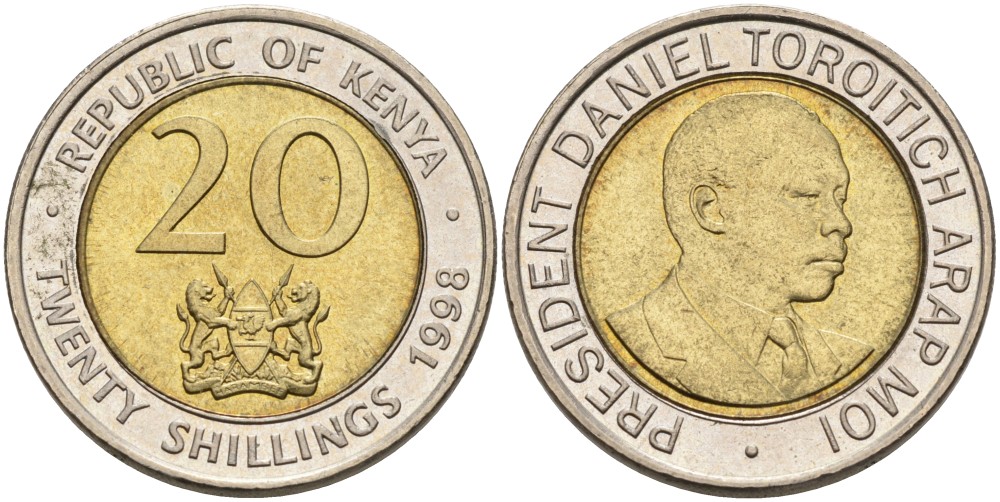 Кения 20 шиллингов 1998 Дэниэл арап Мои KM 32 биметалл 4556-1253