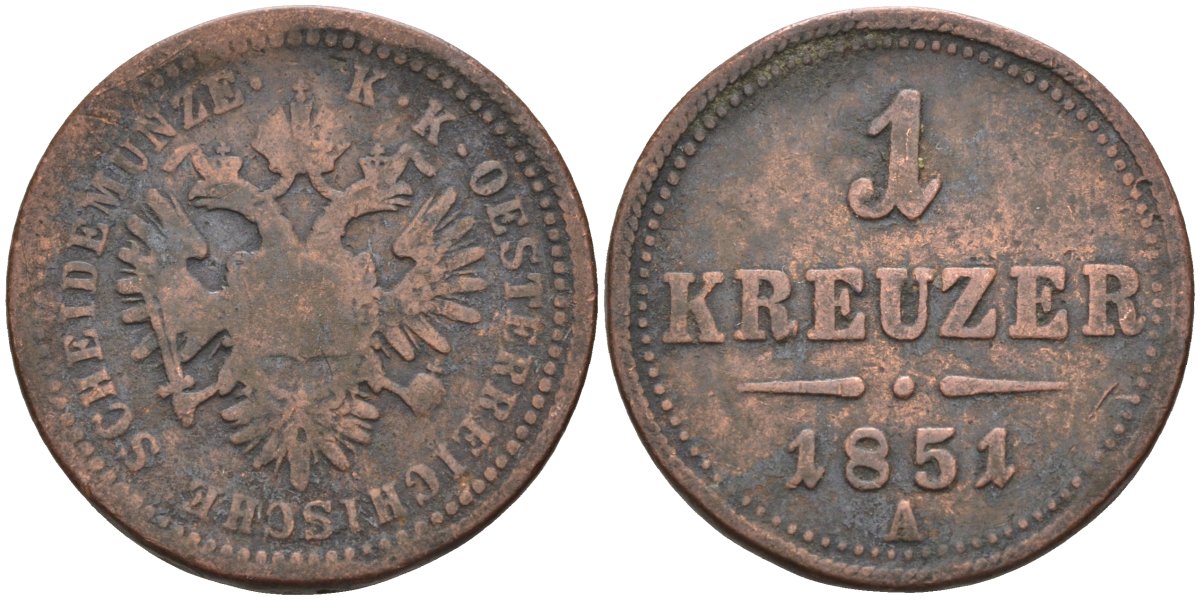 Австрия 1 крейцер 1851 A, Франц Иосиф I (1848-1916) KM 2185 медь 4586-441