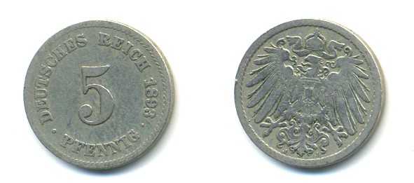 Германия 5 пфеннигов 1893 J KM 11, Jager 12, Weege 6 медно-никель 4379-367