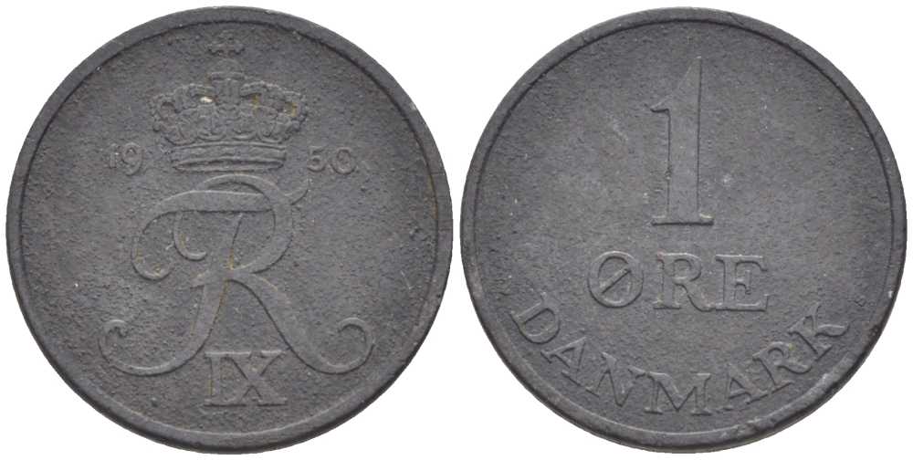 ДАНИЯ 1 ЭРЕ 1950 N; S, ФРЕДЕРИК IX (1947-1972) KM 839.1 цинк 4387-165