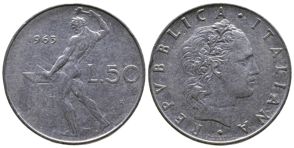 Италия 50 лир 1963 R, бог огня Вулкан у наковальни KM 95.1 нержавеющая сталь 85-112