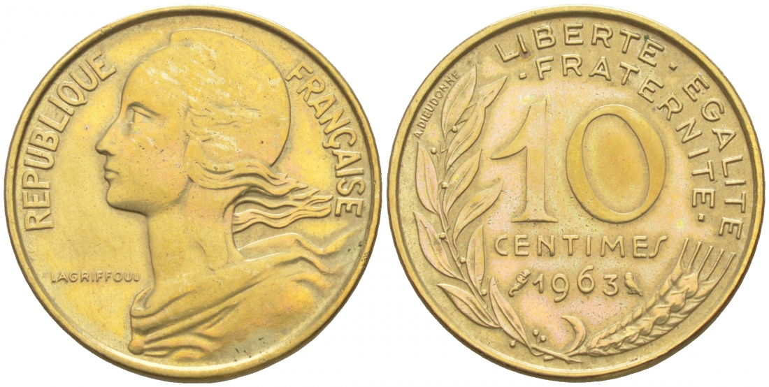 ФРАНЦИЯ 10 САНТИМОВ 1963 ТИП MARIANE KM 929, LE FRANC 144.3 алюминиевая бронза 44-961