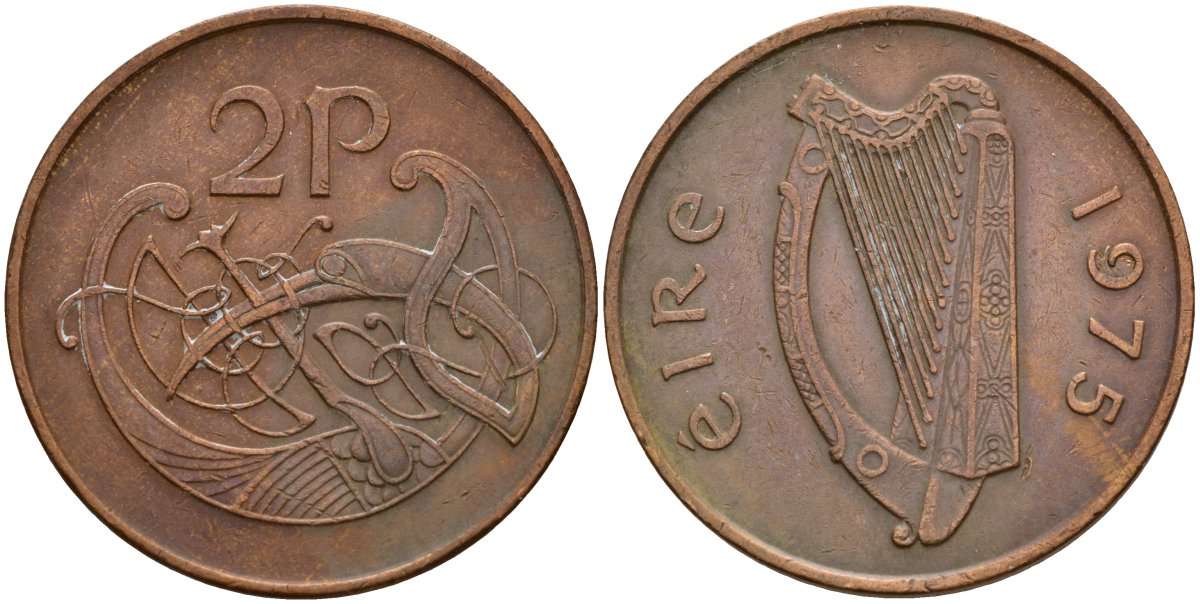 Ирландия 2 пенсов 1975 Виньетка в виде стилизованной птицы из второй библии Карла II Лысого KM 21 бронза 4140-236