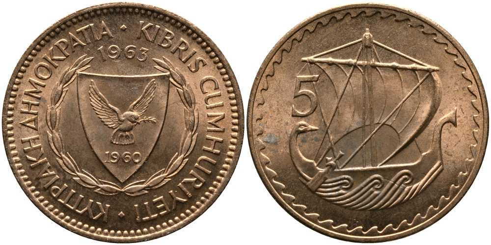 Кипр 5 милсов 1963 парусник KM 39 бронза aUNC 33-756